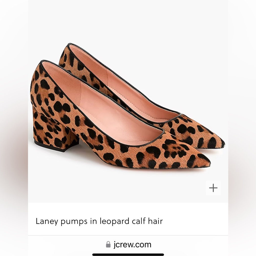 NWT J.Crew “Laney” leopard print Calf Hair Pointed Block Heel Pumps. Size 8